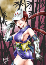 Rule 34 | 1girl, artist request, ass, bare shoulders, breasts, elbow gloves, gauntlets, gloves, grin, highres, japanese clothes, kimono, kunai, kunimitsu (tekken), large breasts, long hair, looking at viewer, low twintails, mask, mole, mole under mouth, namco, red eyes, red hair, scar, shiny clothes, shiny skin, short kimono, sideboob, smile, solo, tekken, tekken 2, tekken tag tournament, tekken tag tournament 2, thighhighs, twintails, weapon