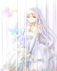 Rule 34 | 1girl, bare shoulders, bars, bdsm, bondage, bound, bound wrists, bug, butterfly, chain, collar, dress, earrings, flower, highres, bug, jewelry, long hair, original, parted lips, ring, shironeko yuuki, solo, v arms, veil, very long hair, wedding dress, white hair, white theme, yellow eyes