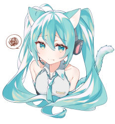 Rule 34 | 1girl, :|, ahoge, animal ears, aqua eyes, aqua hair, armpit crease, arms at sides, bare shoulders, blush, breasts, cat ears, cat girl, cat tail, closed mouth, collarbone, collared shirt, cropped torso, drawing kanon, fang, frilled shirt, frills, hair between eyes, hatsune miku, headset, highres, kemonomimi mode, long hair, looking at viewer, microphone, raised eyebrows, shirt, sidelocks, simple background, sleeveless, sleeveless shirt, small breasts, solo, spoken squiggle, squiggle, tail, twintails, vocaloid, white background, white shirt