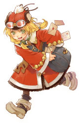 Rule 34 | 1girl, :d, absurdres, annette (rune factory), bag, black pantyhose, blonde hair, brown pantyhose, carrying, dress, goggles, goggles on headwear, green eyes, hat, highres, iwasaki minako, letter, open mouth, pantyhose, rune factory, rune factory frontier, simple background, smile, solo, white background