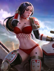 Rule 34 | 1girl, adeptus astartes, armor, artist name, black hair, blue sky, boots, bra, breasts, brown eyes, brown hair, choker, cleavage, closed mouth, cloud, cloudy sky, collarbone, highres, large breasts, lips, long hair, medium breasts, motor vehicle, motorcycle, navel, outdoors, panties, pauldrons, red bra, red choker, red panties, scar, scar across eye, scar on face, shoulder armor, sky, solo, space marine, stomach, themaestronoob, thigh boots, underwear, warhammer 40k, white scars