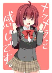Rule 34 | 1girl, akane souichi, bad id, bad pixiv id, bow, kasukabe haru, looking at viewer, open mouth, red eyes, red hair, short hair, simple background, skirt, smile, solo, tokyo 7th sisters, translation request