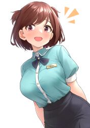 Rule 34 | 1girl, absurdres, aoba misaki, aqua shirt, b1ack illust, black skirt, blush, breasts, brown hair, highres, idolmaster, idolmaster million live!, large breasts, name tag, notice lines, office lady, pink eyes, shirt, shirt tucked in, short sleeves, simple background, skirt, smile, solo, two side up, white background