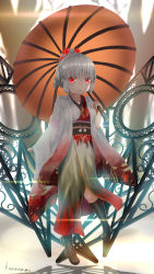Rule 34 | 1girl, 2019, absurdres, boots, grey hair, happy new year, highres, holding, holding umbrella, japanese clothes, kimono, new year, oil-paper umbrella, original, solo, umbrella, user xchv4234, white hair