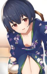 Rule 34 | 1girl, absurdres, arm support, arm up, black hair, blue kimono, blurry, blurry background, blush, breasts, chair, collarbone, commentary request, cowboy shot, downblouse, extended downblouse, floral print, foreshortening, from above, hair between eyes, head tilt, highres, idolmaster, idolmaster shiny colors, indoors, japanese clothes, kimono, kunugi miyaco, legs together, long sleeves, looking at viewer, looking up, morino rinze, navel, no bra, obi, outstretched arm, parted lips, print kimono, reaching, reaching towards viewer, red eyes, sash, selfie, short hair, sitting, small breasts, smile, solo, stomach, thigh gap, white background