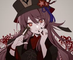 Rule 34 | 1girl, bead bracelet, beads, black hat, black nails, bracelet, bracket, brown hair, closed mouth, coupon, flower, flower-shaped pupils, genshin impact, hair between eyes, hat, highres, holding, hu tao (genshin impact), jewelry, long hair, long sleeves, mihnd182, multiple rings, nail polish, plum blossoms, red eyes, red flower, ring, solo, spider lily, symbol-shaped pupils, tassel, upper body