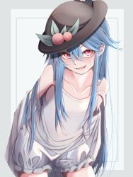 Rule 34 | 1girl, bare shoulders, bloomers, blue hair, food, frills, fruit, hat, highres, hinanawi tenshi, leaf, long hair, looking at viewer, open mouth, peach, red eyes, shirt, sleeveless, solo, sweatdrop, taking off, touhou, tsune (tune), underwear, white shirt