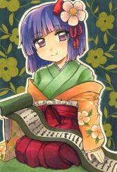 Rule 34 | 1girl, closed mouth, commentary request, floral print, flower, green kimono, hair flower, hair ornament, happy, head tilt, hieda no akyuu, highres, japanese clothes, kimono, long sleeves, looking at viewer, maa (forsythia1729), marker (medium), purple eyes, purple hair, red sash, red skirt, sash, scroll, short hair, skirt, smile, touhou, traditional media, white flower, wide sleeves, yellow kimono