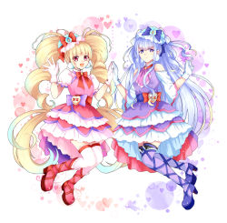 Rule 34 | 2girls, absurdly long hair, blonde hair, boots, bow, bowtie, cure amour, cure macherie, detached sleeves, dress, floating hair, gloves, hair bow, highres, hugtto! precure, layered dress, lazy orange, long hair, long sleeves, looking at viewer, multiple girls, pink footwear, precure, purple eyes, purple footwear, purple legwear, red bow, red neckwear, short dress, silver hair, thighhighs, twintails, very long hair, white background, white gloves, white legwear, white sleeves
