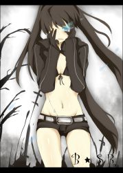 Rule 34 | 10s, 1girl, bad id, bad pixiv id, belt, bikini, bikini top only, black hair, black rock shooter, black rock shooter (character), blue eyes, coat, front-tie top, gloves, glowing, glowing eyes, hand on own face, hands on own face, hood, hooded jacket, jacket, long hair, midriff, mono (recall), navel, scar, short shorts, shorts, solo, star (symbol), swimsuit, tears, tree, twintails, uneven twintails, very long hair