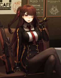 Rule 34 | 1girl, bipod, black pantyhose, black skirt, blazer, blush, breasts, bullpup, collared shirt, couch, crossed legs, girls&#039; frontline, gloves, gun, hair ribbon, half updo, hand in own hair, high-waist skirt, indoors, jacket, large breasts, long hair, looking at viewer, menu board, necktie, one eye closed, one side up, open mouth, pantyhose, purple hair, red eyes, red necktie, ribbon, rifle, shirt, sidelocks, sitting, skirt, sniper rifle, solo, terupancake, twitter username, very long hair, wa2000 (girls&#039; frontline), walther, walther wa 2000, weapon