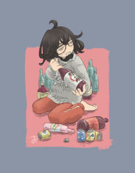 Rule 34 | 1girl, barefoot, beer can, black hair, black shirt, blush, border, bottle, can, chiyo maru, commentary request, drink can, drunk, empty bottle, glasses, grey border, grey eyes, grey sweater, hand up, holding, holding bottle, jitome, layered clothes, long sleeves, looking to the side, medium hair, messy, messy hair, no sclera, open mouth, original, outside border, pants, print sweater, red background, red pants, sake bottle, shirt, signature, sitting, solo, sweater, text print, track pants, two-handed, wariza