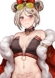 Rule 34 | 1girl, :3, bad id, bad pixiv id, bandeau, bare shoulders, black choker, bow, breasts, choker, collarbone, crop top, double bun, eyewear on head, fur trim, girls&#039; frontline, hair bow, hair bun, hair ornament, hairclip, highres, jacket, long sleeves, looking at viewer, medium breasts, midriff, navel, no bra, off shoulder, official alternate costume, open clothes, open jacket, p90 (girls&#039; frontline), p90 (scarlet turbo) (girls&#039; frontline), pink eyes, red jacket, selcky, short hair, silver hair, smile, solo, stomach, strapless, sunglasses, unzipped, upper body