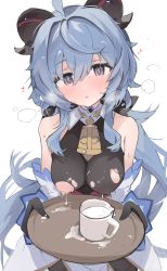 Rule 34 | 1girl, bare shoulders, bell, black gloves, blue eyes, blue hair, blush, breast milk, breasts, closed mouth, cowbell, cup, dress, ganyu (genshin impact), genshin impact, gloves, hair between eyes, heart, heavy breathing, highres, horns, lactating into container, lactation, long hair, looking at viewer, mikozin, milk, mug, neck bell, nipples, see-through, see-through shirt, sidelocks, solo, speech bubble, sweat, torn clothes, tray