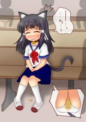 Rule 34 | 1girl, animal ears, ass, bell, between legs, black hair, blue sailor collar, blue skirt, blush, bow, bowtie, cat ears, cat tail, chair, closed eyes, collar, collarbone, crying, embarrassed, female focus, from below, hair ribbon, hand between legs, have to pee, inatoto, indoors, japanese text, jingle bell, kneehighs, knees together feet apart, long hair, miniskirt, multiple views, neck bell, nose blush, original, own hands together, panties, paper, peeing, peeing self, pencil, pigeon-toed, pleated skirt, red neckwear, ribbon, sailor collar, shirt, shoes, short sleeves, silhouette, sitting, skirt, socks, speech bubble, tail, tears, translated, trembling, underwear, v arms, white footwear, white panties, white ribbon, white shirt, white socks