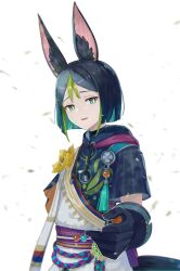 Rule 34 | 1boy, :d, absurdres, animal ear fluff, animal ears, black gloves, fennec ears, genshin impact, gloves, green eyes, green hair, highres, huang tie lin, japanese clothes, looking at viewer, obi, open mouth, sash, short hair, short sleeves, simple background, smile, solo, tighnari (genshin impact), upper body, white background