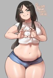 Rule 34 | 1girl, agawa ryou, belly, black eyes, black hair, blush, breasts, crop top, large breasts, long hair, looking at viewer, muffin top, navel, covered erect nipples, plump, short shorts, shorts, smile, solo, thick thighs, thighs
