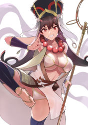 Rule 34 | 1girl, bead necklace, beads, bikini, bow, breasts, commentary request, fate/grand order, fate (series), feet, hair between eyes, hareno chiame, hat, holding, holding staff, jewelry, large breasts, long hair, looking at viewer, necklace, parted lips, pink bow, prayer beads, purple bikini, sandals, solo, staff, standing, standing on one leg, swimsuit, thighhighs, white bikini, xuangzang sanzang (fate)