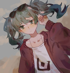 Rule 34 | 1girl, closed mouth, collarbone, commentary request, dutch angle, earrings, eyewear on head, female focus, green eyes, green hair, hand up, hatsune miku, highres, jacket, jewelry, lobelia (saclia), long hair, long sleeves, looking at viewer, red jacket, shirt, solo, suna no wakusei (vocaloid), sunglasses, twintails, upper body, vocaloid, white shirt