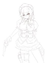 Rule 34 | 1girl, absurdres, bow, braid, brown theme, cowboy shot, cube85, gloves, gun, hair bow, handgun, highres, holding, holster, izayoi sakuya, lineart, looking at viewer, maid headdress, monochrome, pantyhose, pleated skirt, revolver, s&amp;w schofield, short hair, skirt, smith &amp; wesson, solo, touhou, transparent background, trigger discipline, twin braids, weapon