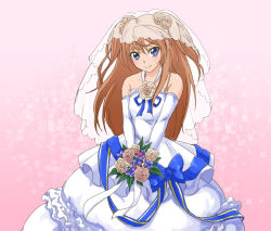 Rule 34 | 10s, 1girl, arm warmers, bare shoulders, bell line gown, blue eyes, bouquet, brown hair, detached sleeves, dress, flower, gloves, gown, hair ornament, happy, houjou hibiki, long hair, looking at viewer, pink background, precure, ribbon, smile, solo, suite precure, uyoshi, wedding dress
