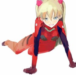 Rule 34 | 1girl, :d, arm support, blonde hair, blue eyes, blush, bodysuit, breasts, foreshortening, full body, gloves, hair between eyes, headgear, itachi (3dt), long hair, looking at viewer, lying, neon genesis evangelion, open mouth, pilot suit, plugsuit, simple background, sketch, small breasts, smile, solo, souryuu asuka langley, white background