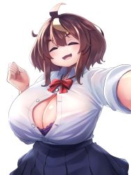 Rule 34 | 1girl, black skirt, blush, bow, bowtie, bra, breasts, brown hair, cleavage, closed eyes, collared shirt, hand up, highres, huge breasts, insomnia-chan, kay yu, medium hair, no nose, open mouth, original, partially unbuttoned, pleated skirt, purple bra, red bow, red bowtie, school uniform, shirt, shirt tucked in, simple background, skirt, smile, solo, underwear, white background, white shirt
