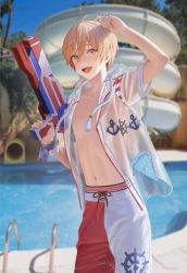 Rule 34 | 1boy, absurdres, aheure0329, commentary request, dappled sunlight, day, gun, hand in own hair, highres, holding, holding gun, holding weapon, korean commentary, looking at viewer, male focus, navel, one-piece swimsuit, open mouth, original, outdoors, pool, pool ladder, poolside, see-through, smile, solo, sunlight, swimsuit, water, water gun, weapon