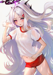 Rule 34 | 1girl, alternate costume, black horns, blue archive, blush, bottle, buruma, clothes lift, commentary request, grey background, gym shirt, gym uniform, hair ornament, hairclip, halo, highres, hina (blue archive), holding, holding bottle, horns, lifted by self, long hair, looking at viewer, midriff, mochimochi dando, navel, open mouth, pink eyes, ponytail, red buruma, revision, shirt, shirt lift, short sleeves, sidelocks, simple background, slit pupils, solo, thighs, very long hair, water, wet, white background, white hair