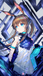 Rule 34 | 1girl, absurdres, amiya (arknights), animal ears, arknights, ascot, bare shoulders, black jacket, blue ascot, blue eyes, blurry, blurry background, brown hair, choker, closed mouth, commentary request, frilled ascot, frilled shirt, frills, hair between eyes, highres, jacket, long hair, looking to the side, mahousho, open clothes, open jacket, ponytail, rabbit ears, shirt, sidelocks, sleeveless, sleeveless shirt, solo, sweatdrop, upper body, white shirt