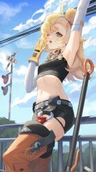 1girl arm_up armpits bags_under_eyes bare_shoulders belt black_shorts blonde_hair blue_sky cloud crop_top day green_eyes hand_up highres long_hair looking_at_viewer midriff navel one_eye_closed open_mouth piper_wheel short_shorts shorts sky solo standing stomach xian_shui_chang_chong zenless_zone_zero