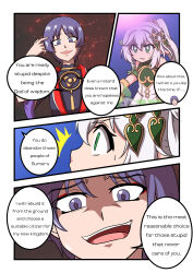 Rule 34 | 1boy, :d, absurdres, atawatsho, comic, commentary, detached sleeves, english commentary, english text, genshin impact, green eyes, hair between eyes, hair ornament, highres, long hair, nahida (genshin impact), open mouth, pointy ears, purple eyes, purple hair, scaramouche (genshin impact), short sleeves, side ponytail, sidelocks, smile, symbol-shaped pupils, white hair