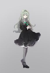 Rule 34 | 1girl, alternate costume, bad id, bad twitter id, bandaged neck, bandages, black dress, black footwear, black hairband, black nails, black neckerchief, commentary, cross, cross hair ornament, dress, frilled dress, frills, full body, green hair, green neckerchief, grey background, grey pantyhose, hair ornament, hairband, high heels, highres, kusanagi nene, latin cross, long hair, long sleeves, looking at viewer, nail polish, neckerchief, own hands together, pantyhose, project sekai, purple eyes, simple background, solo, two-tone neckerchief, wota (mama)