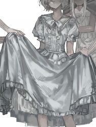 Rule 34 | 1boy, absurdres, androgynous, bow, bowtie, crossdressing, dress, dungeon meshi, expressionless, facing viewer, feet out of frame, frilled dress, frilled sleeves, frills, grey hair, head out of frame, highres, huang du du, male focus, mithrun, puffy short sleeves, puffy sleeves, short hair, short sleeves, simple background, skirt hold, solo focus, standing, white background, white bow, white bowtie, white dress