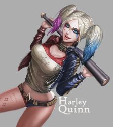 Rule 34 | 1girl, baseball bat, batman (series), belt, blonde hair, blue eyes, body writing, breasts, character name, choker, cleavage, cowboy shot, dc comics, dccu, dyed hair, grey background, gun, harley quinn, holster, jacket, micro shorts, multicolored hair, short shorts, shorts, shoulder holster, simple background, solo, standing, stomach, studded belt, suicide squad, tongue, twintails, weapon