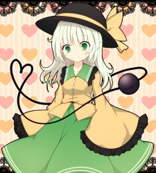 Rule 34 | 1girl, black hat, border, buttons, collarbone, collared shirt, dress shirt, empty eyes, eyes visible through hair, female focus, frilled shirt collar, frilled sleeves, frills, green eyes, green skirt, hat, hat ribbon, heart, heart background, heart of string, highres, komeiji koishi, lace, lace border, long sleeves, medium hair, ornate border, ribbon, risshu, shirt, skirt, sleeves past wrists, smile, solo, third eye, touhou, white hair, witch hat, yellow ribbon, yellow shirt