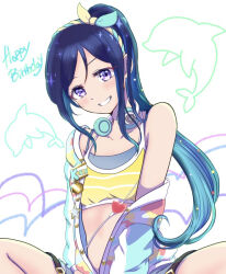 Rule 34 | 1girl, birthday, blue hair, commentary, english text, grin, happy birthday, headphones, headphones around neck, high ponytail, long hair, looking at viewer, love live!, love live! sunshine!!, matsuura kanan, ponytail, purple eyes, sidelocks, sitting, smile, solo, wal---dg7sdr-0128, white background