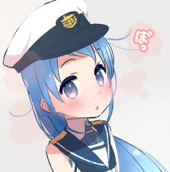Rule 34 | 1girl, blue eyes, blue hair, blush, chestnut mouth, commentary request, from side, hat, kantai collection, long hair, looking at viewer, nose blush, peaked cap, sailor collar, samidare (kancolle), solo, yoru nai