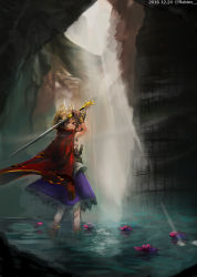 Rule 34 | 1girl, anklet, arms up, blonde hair, cape, closed mouth, dated, erty113, flower, frilled skirt, frills, from behind, gold, gold bracelet, highres, holding, holding sword, holding weapon, jewelry, light rays, looking back, outdoors, partially submerged, pointy hair, purple flower, purple skirt, red cape, short hair, skirt, solo, standing, sunbeam, sunlight, sword, touhou, toyosatomimi no miko, twitter username, water, weapon