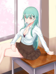 Rule 34 | 1girl, aqua hair, bare legs, barefoot, black bra, bra, breasts, brown skirt, cleavage, collarbone, commentary request, green eyes, hair ornament, hairclip, highres, indoors, kaname (melaninusa09), kantai collection, large breasts, long hair, long sleeves, looking at viewer, miniskirt, on table, pleated skirt, school uniform, shirt, sitting, skirt, solo, suzuya (kancolle), table, underwear, window