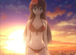 Rule 34 | 10s, 1girl, asami lilith, bikini, blue eyes, braid, breasts, cleavage, cloud, looking at viewer, open mouth, red hair, screencap, sky, solo, standing, sunset, swimsuit, trinity seven