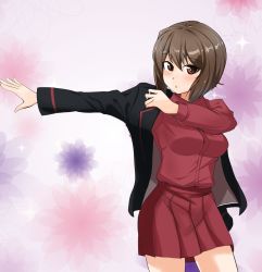 Rule 34 | 1girl, abimaru gup, black jacket, brown eyes, brown hair, check commentary, commentary request, cowboy shot, dress shirt, dressing, floral background, girls und panzer, highres, jacket, kuromorimine military uniform, long sleeves, looking at viewer, military, military uniform, miniskirt, nishizumi maho, open clothes, open jacket, parted lips, pleated skirt, purple background, red shirt, red skirt, shirt, short hair, skirt, solo, twitter username, uniform, wing collar