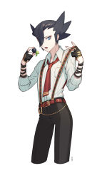 Rule 34 | 1boy, bad id, bad twitter id, belt, berry, black gloves, black hair, blue eyes, chain, collared shirt, commentary request, creatures (company), game freak, gloves, grimsley (pokemon), grimsley (sygna suit) (pokemon), hands up, holding, korean commentary, male focus, mongguri, necktie, nintendo, official alternate costume, open mouth, pants, partially fingerless gloves, pokemon, pokemon masters ex, raised eyebrows, red necktie, shirt, simple background, sleeves rolled up, solo, spiked hair, suspenders, tongue, white background, white shirt