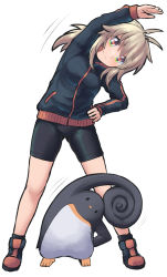 Rule 34 | 1girl, animal, antenna hair, arm up, bike shorts, bird, black footwear, black jacket, black shorts, black socks, blush, breasts, brown hair, closed mouth, commentary request, full body, green eyes, hair between eyes, hand on own hip, highres, hijikata-san (m.m), jacket, koshirae tsurugi (m.m), leaning to the side, long hair, long sleeves, looking at viewer, low ponytail, m.m, penguin, ponytail, shoes, short shorts, shorts, simple background, small breasts, smile, socks, track jacket, white background