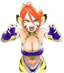 Rule 34 | 1girl, animal ears, armor, bikini, bikini armor, black nails, body fur, breasts, breath of fire, breath of fire ii, capcom, cat ears, cat girl, claw pose, cleavage, commentary, conto, facial mark, fangs, fingerless gloves, fingernails, gem, gloves, gold choker, green eyes, hair between eyes, medium breasts, midriff, navel, open mouth, orange hair, purple bikini, purple gloves, rinpoo chuan, sharp fingernails, short hair, slit pupils, solo, swimsuit, symbol-only commentary, teeth, whisker markings, white background, yellow fur