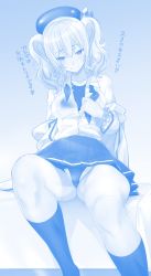Rule 34 | 1girl, absurdres, beret, blue theme, commentary request, competition swimsuit, dress shirt, frilled sleeves, frills, gloves, hat, highres, jacket, kantai collection, kashima (kancolle), kneehighs, long sleeves, looking at viewer, military jacket, monochrome, neckerchief, one-piece swimsuit, pleated skirt, sanazura hiroyuki, shirt, sidelocks, skirt, smile, socks, solo, swimsuit, swimsuit under clothes, translation request, tsurime, twintails, wavy hair