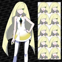 Rule 34 | 1girl, asatsuki (fgfff), bare arms, blonde hair, closed mouth, commentary request, creatures (company), diamond (shape), dress, expression chart, game freak, gem, green eyes, green gemstone, hair over one eye, hand on own hip, highres, holding, holding poke ball, knees, leggings, long hair, lusamine (pokemon), multicolored hair, nail polish, nintendo, poke ball, pokemon, pokemon sm, short dress, sleeveless, sleeveless dress, smile, streaked hair, ultra ball, very long hair, white dress, white legwear, yellow nails