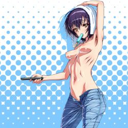Rule 34 | 1girl, armpits, breasts, brown eyes, female focus, food, funami yui, groin, highres, inagaki, looking at viewer, mouth hold, navel, nipples, aged up, popsicle, purple hair, short hair, solo, standing, topless, towel, unbuttoned, wet, yuru yuri