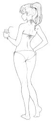 Rule 34 | 1girl, ass, barefoot, bikini, can, cheshirrr, closed mouth, contrapposto, drinking straw, feet, from behind, full body, greyscale, halterneck, hand on own hip, hand up, heel up, highres, holding, holding can, lineart, long hair, monochrome, original, ponytail, side-tie bikini bottom, simple background, solo, standing, swimsuit, white background, wristband