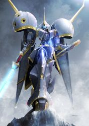 Rule 34 | absurdres, artist name, beam saber, blue eyes, dual wielding, glowing, glowing eye, gundam, gundam zz, highres, holding, holding sword, holding weapon, mecha, mecha focus, mobile suit, no humans, one-eyed, r-jarja, robot, science fiction, snow, solo, standing, sword, taka-f, weapon